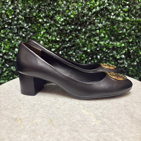 Tory Burch Chelsea pumps low block heel gold hardware black leather size 7 - Picture 4 of 10